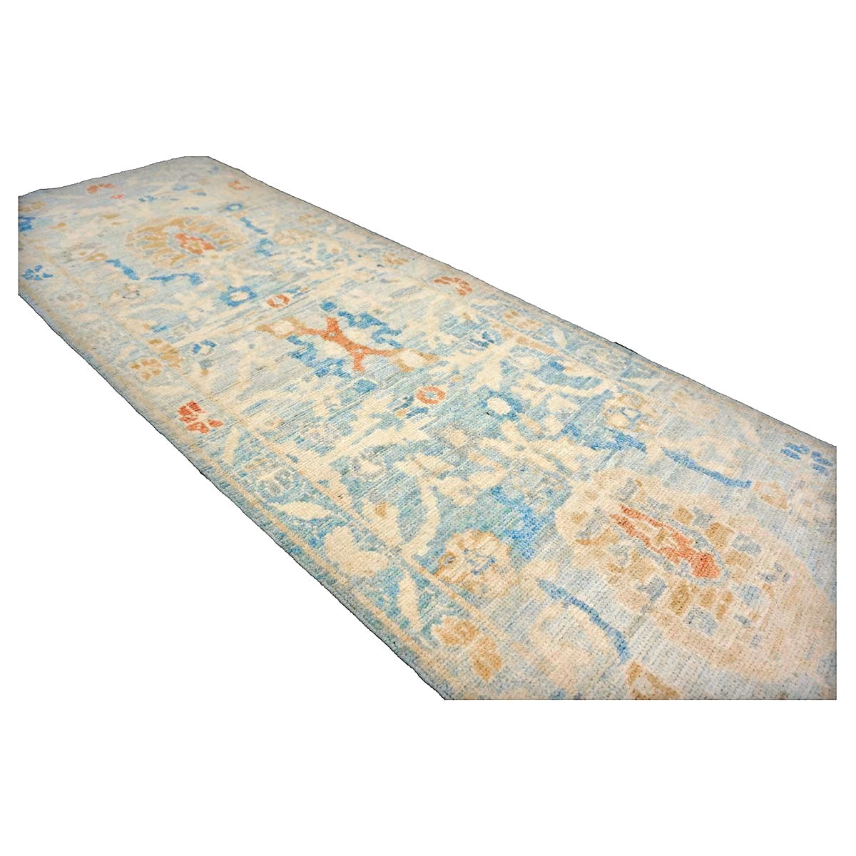 Turkish Sultanabad Wool 2x10 Blue & Tan Handmade Runner Rug #1144193