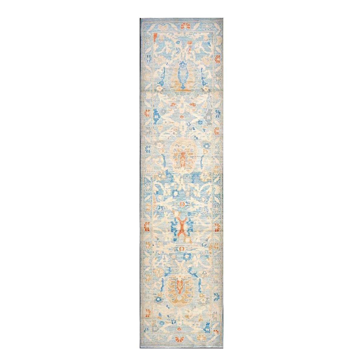 Turkish Sultanabad Wool 2x10 Blue & Tan Handmade Runner Rug #1144193