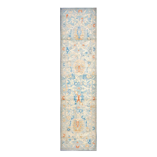 Turkish Sultanabad Wool 2x10 Blue & Tan Handmade Runner Rug #1144193