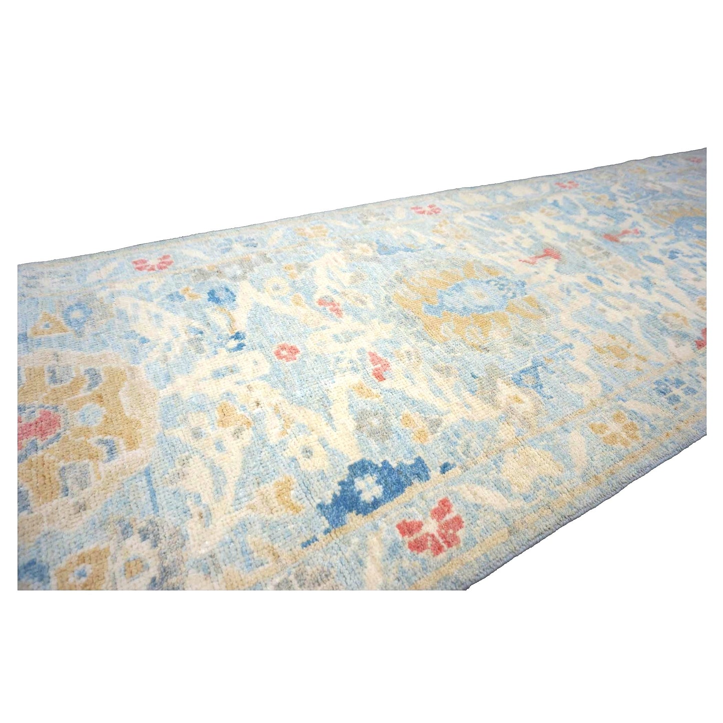 Turkish Sultanabad Wool 3x14 Tan & Light Blue Handmade Runner Rug #1144197