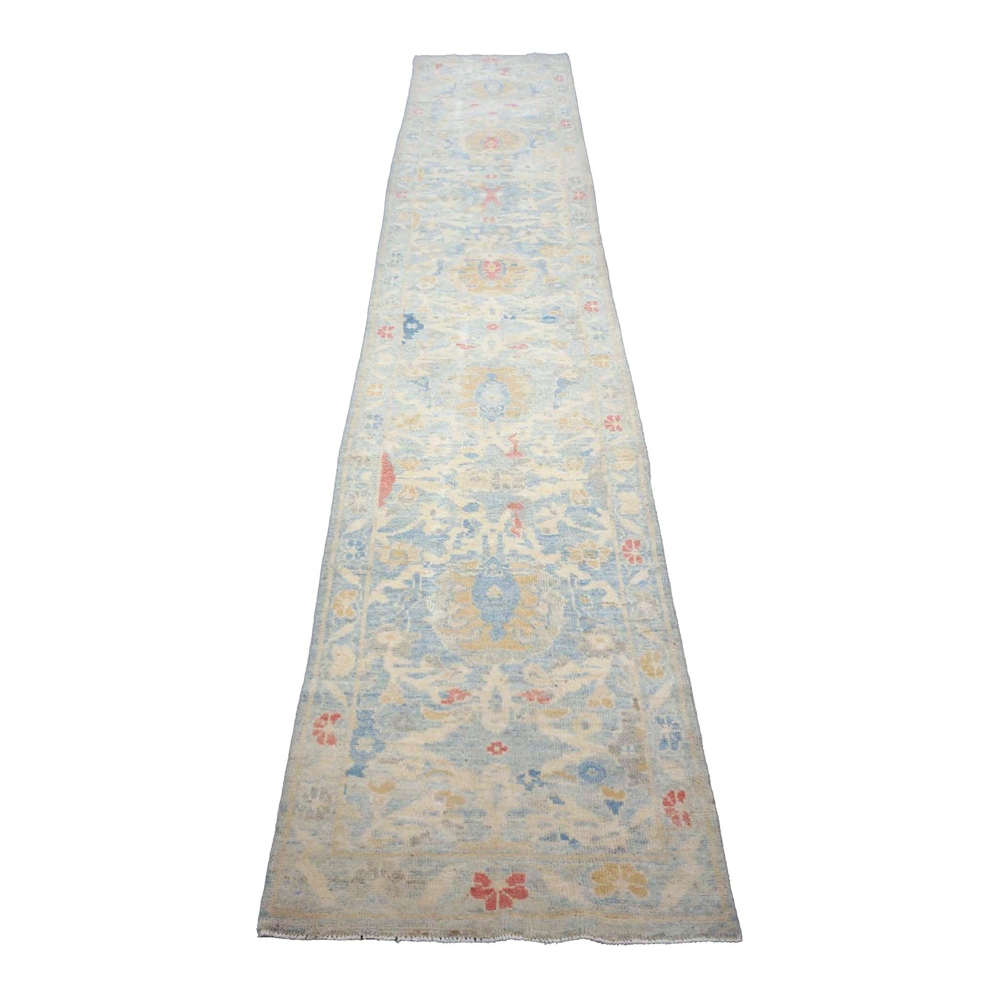 Turkish Sultanabad Wool 3x14 Tan & Light Blue Handmade Runner Rug #1144197
