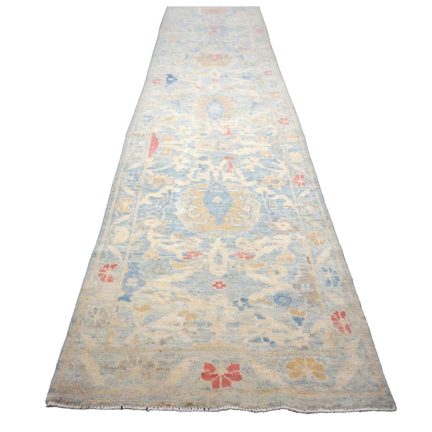 Turkish Sultanabad Wool 3x14 Tan & Light Blue Handmade Runner Rug #1144197