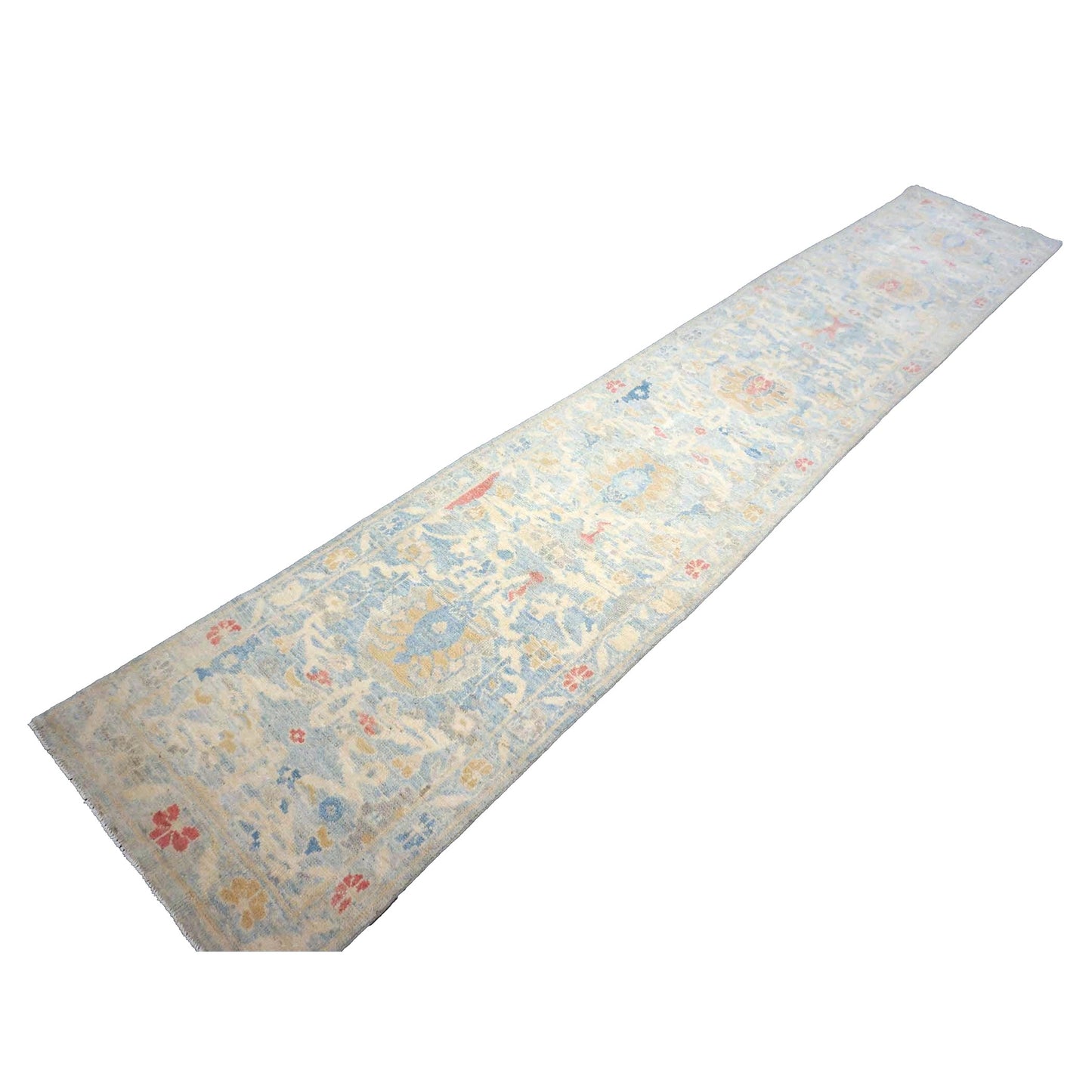 Turkish Sultanabad Wool 3x14 Tan & Light Blue Handmade Runner Rug #1144197