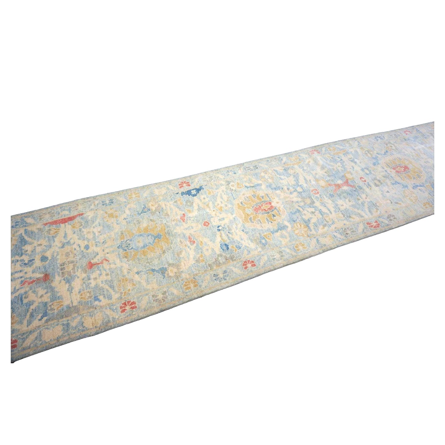 Turkish Sultanabad Wool 3x14 Tan & Light Blue Handmade Runner Rug #1144197
