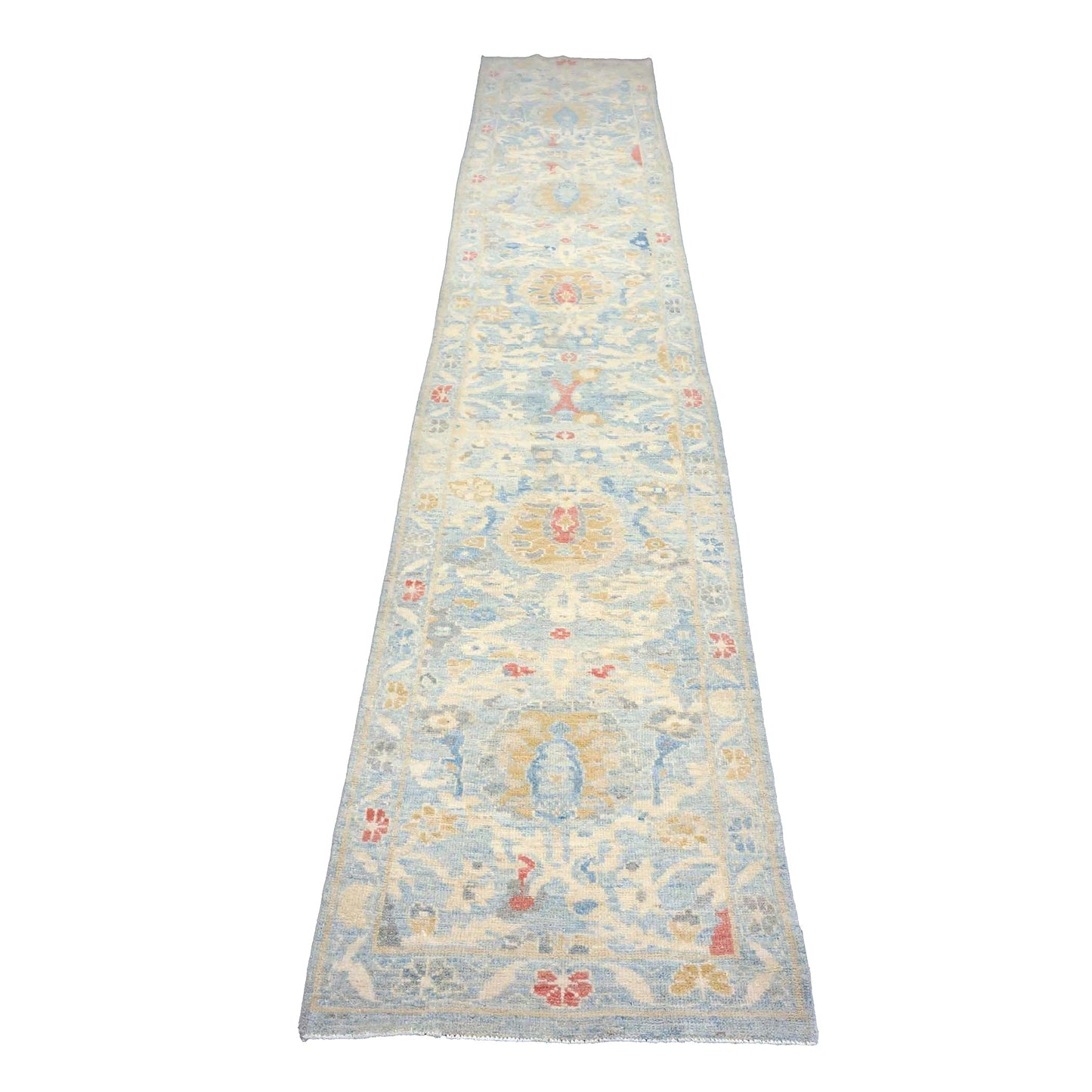 Turkish Sultanabad Wool 3x14 Tan & Light Blue Handmade Runner Rug #1144197