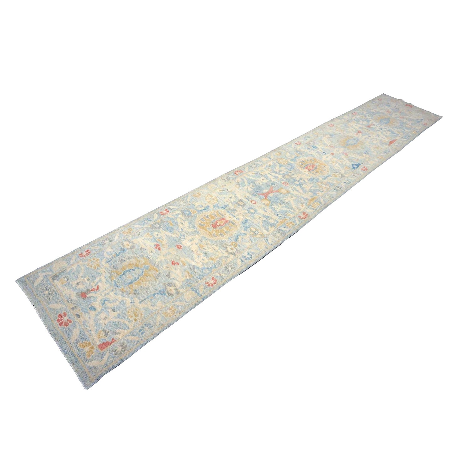 Turkish Sultanabad Wool 3x14 Tan & Light Blue Handmade Runner Rug #1144197