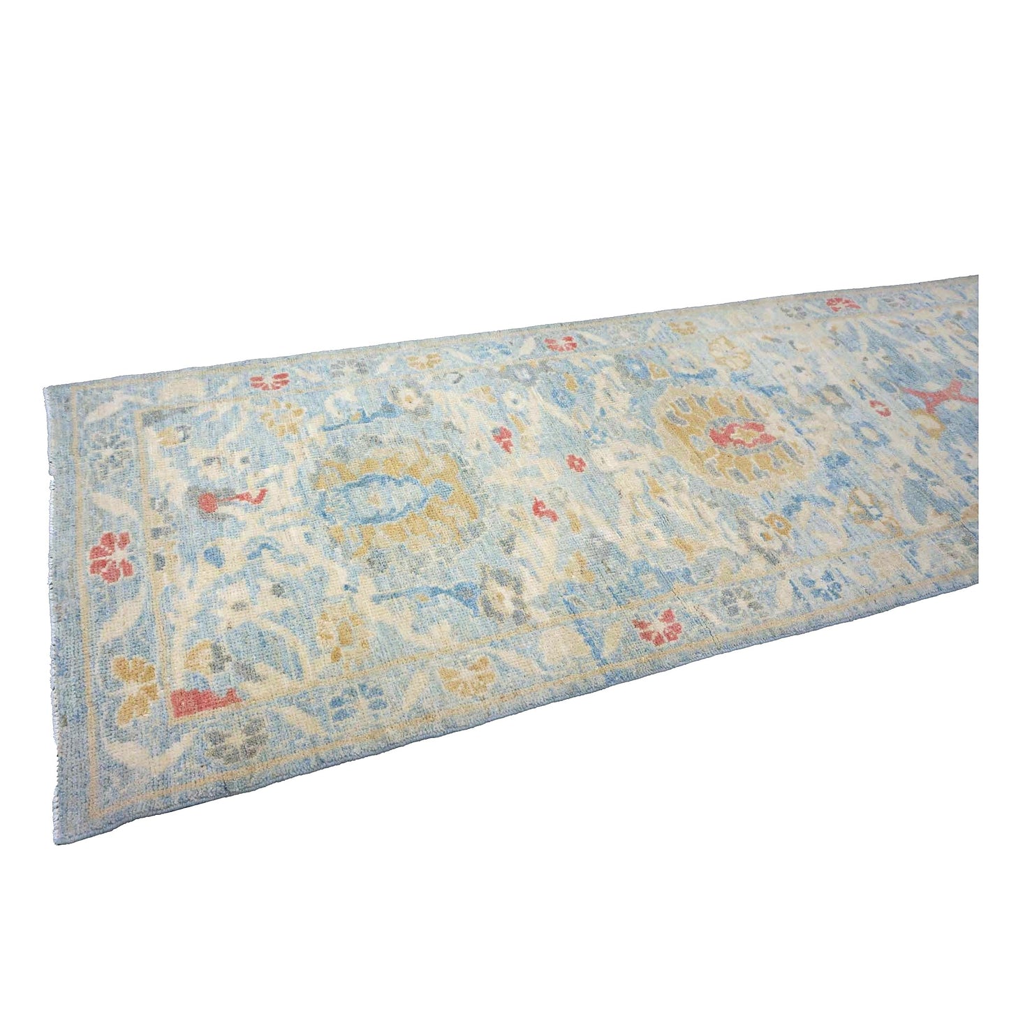 Turkish Sultanabad Wool 3x14 Tan & Light Blue Handmade Runner Rug #1144197