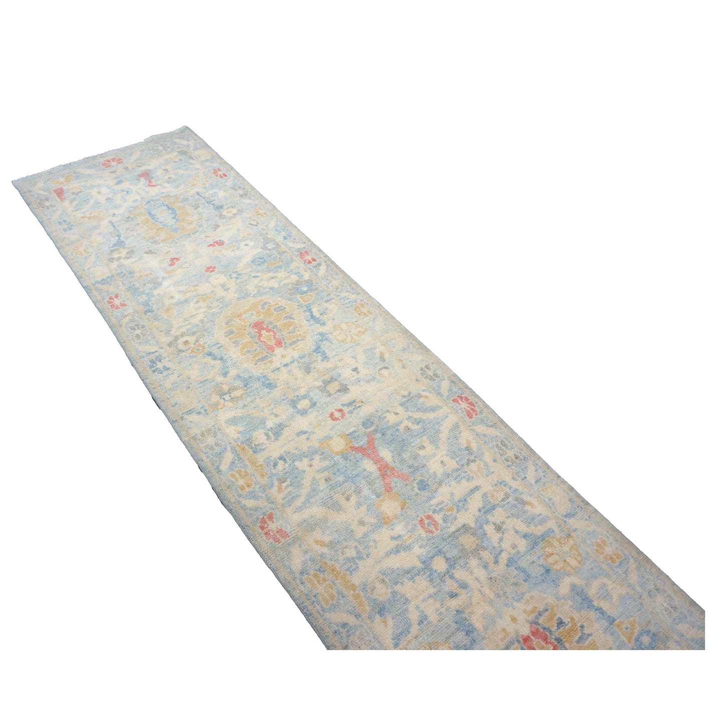 Turkish Sultanabad Wool 3x14 Tan & Light Blue Handmade Runner Rug #1144197