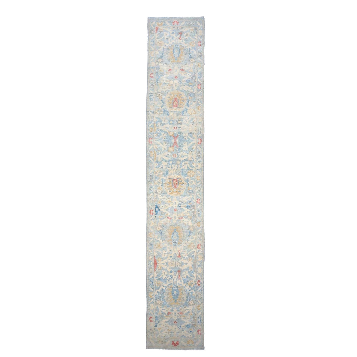 Turkish Sultanabad Wool 3x14 Tan & Light Blue Handmade Runner Rug #1144197