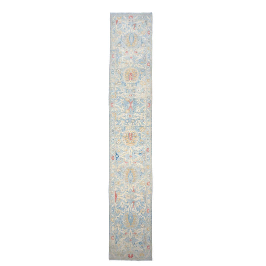 Turkish Sultanabad Wool 3x14 Tan & Light Blue Handmade Runner Rug #1144197