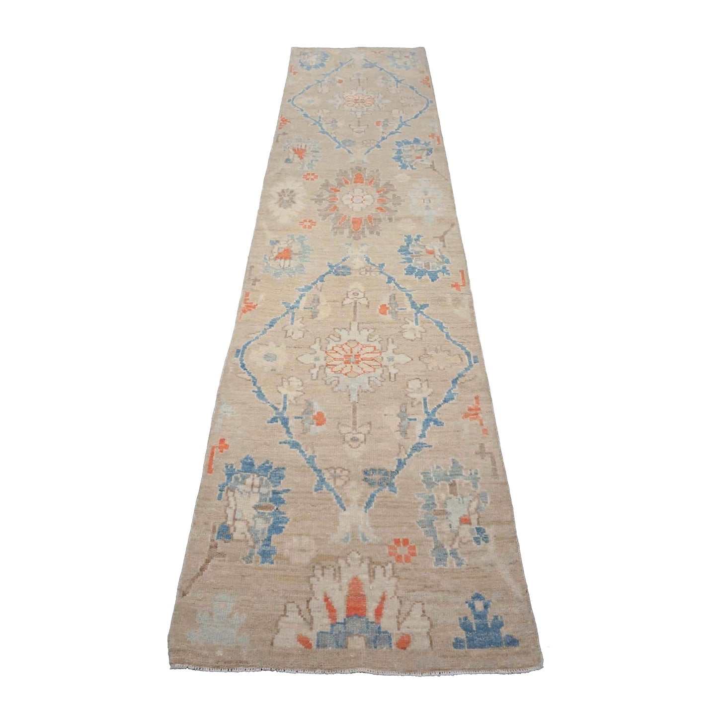 21st Century Turkish Oushak Wool 3X12 Beige & Slate Blue Handmade Runner Rug #1144198