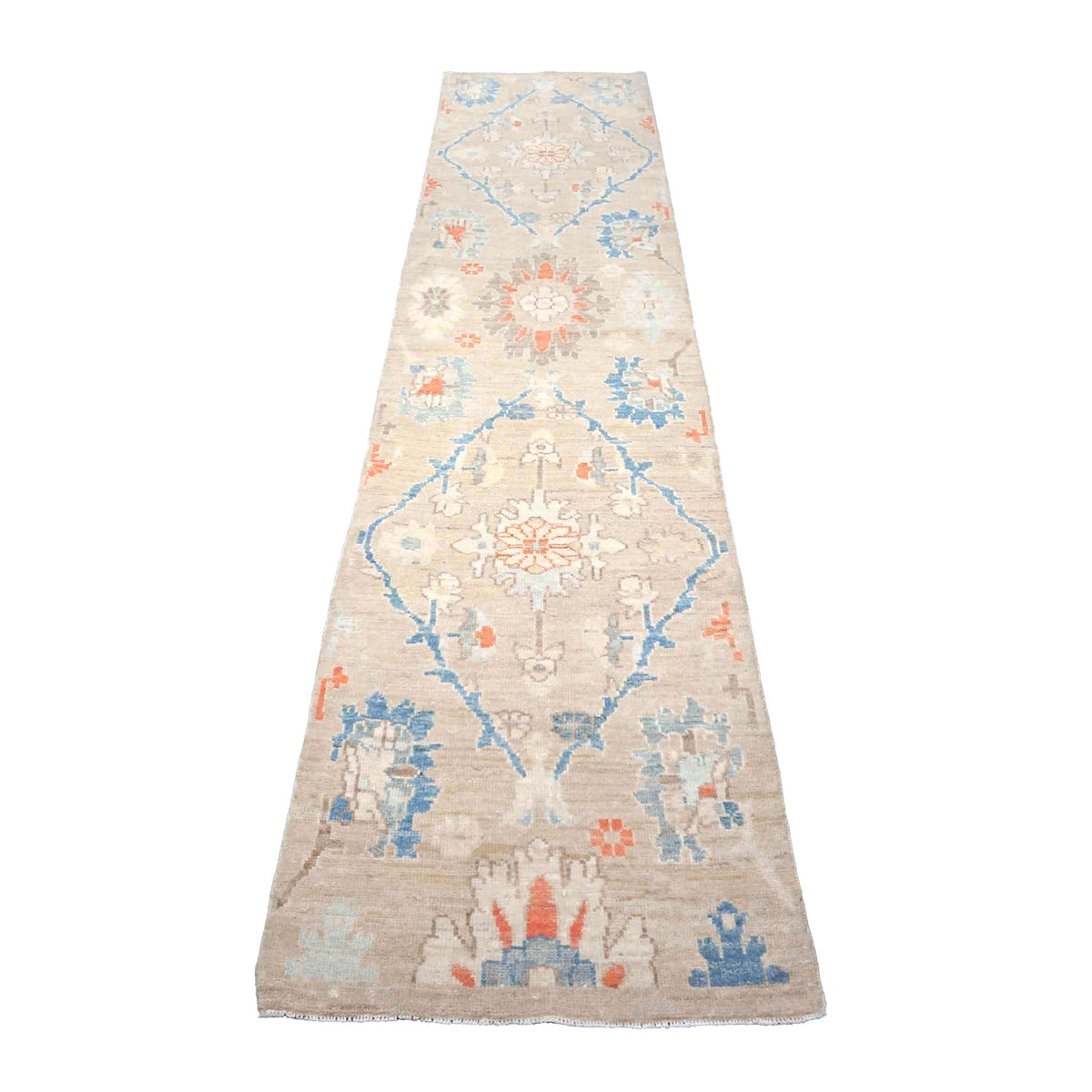 21st Century Turkish Oushak Wool 3X12 Beige & Blue Handmade Runner Rug #1144198