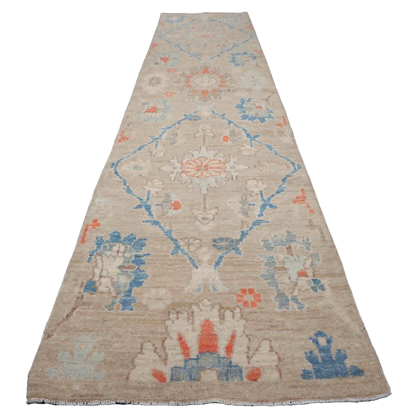 21st Century Turkish Oushak Wool 3X12 Beige & Slate Blue Handmade Runner Rug #1144198