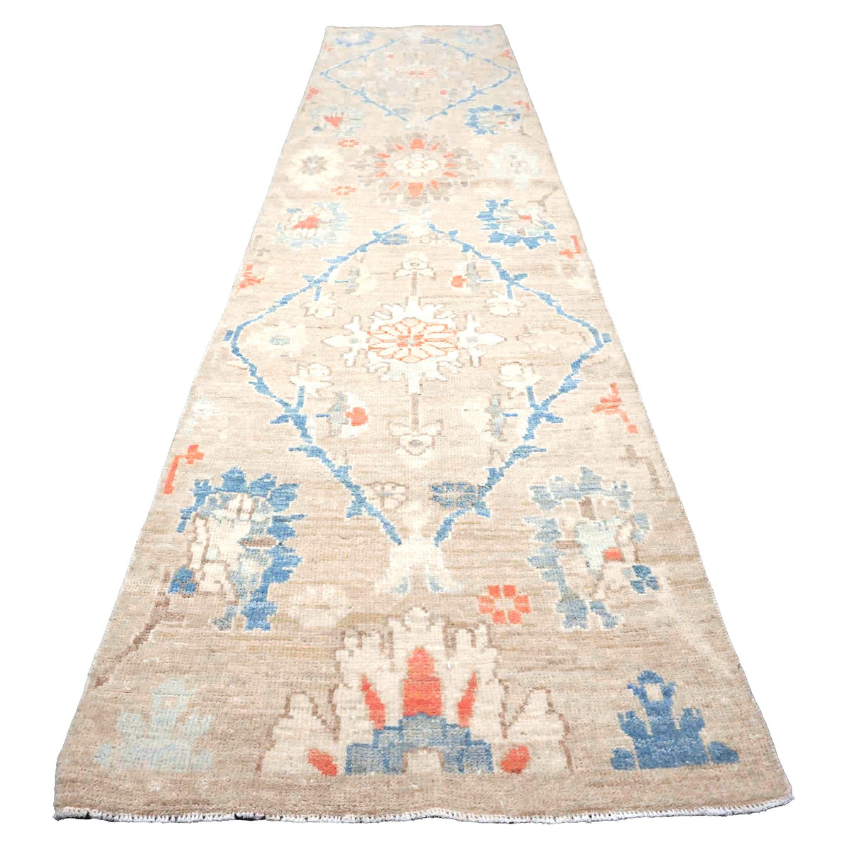 21st Century Turkish Oushak Wool 3X12 Beige & Blue Handmade Runner Rug #1144198