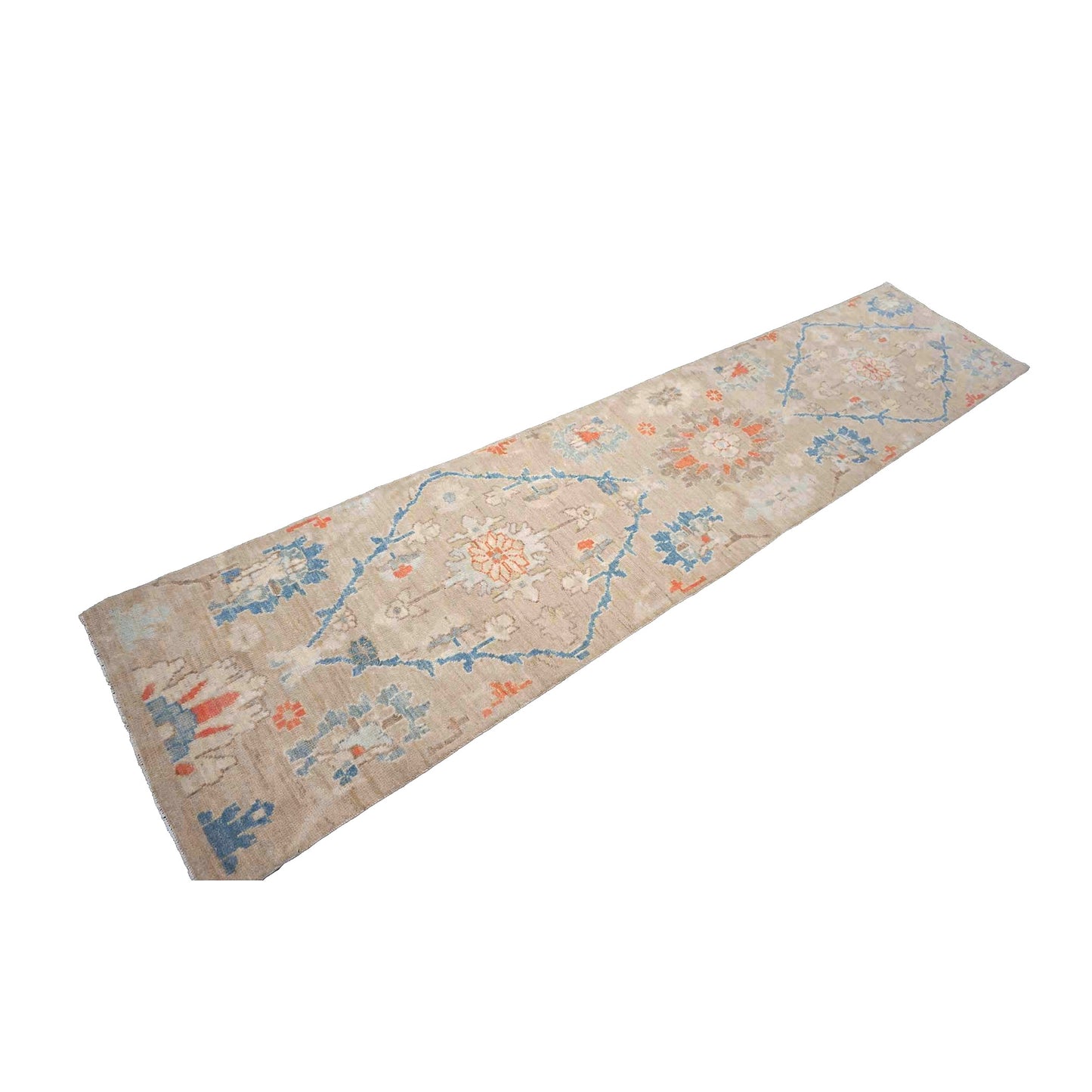 21st Century Turkish Oushak Wool 3X12 Beige & Slate Blue Handmade Runner Rug #1144198