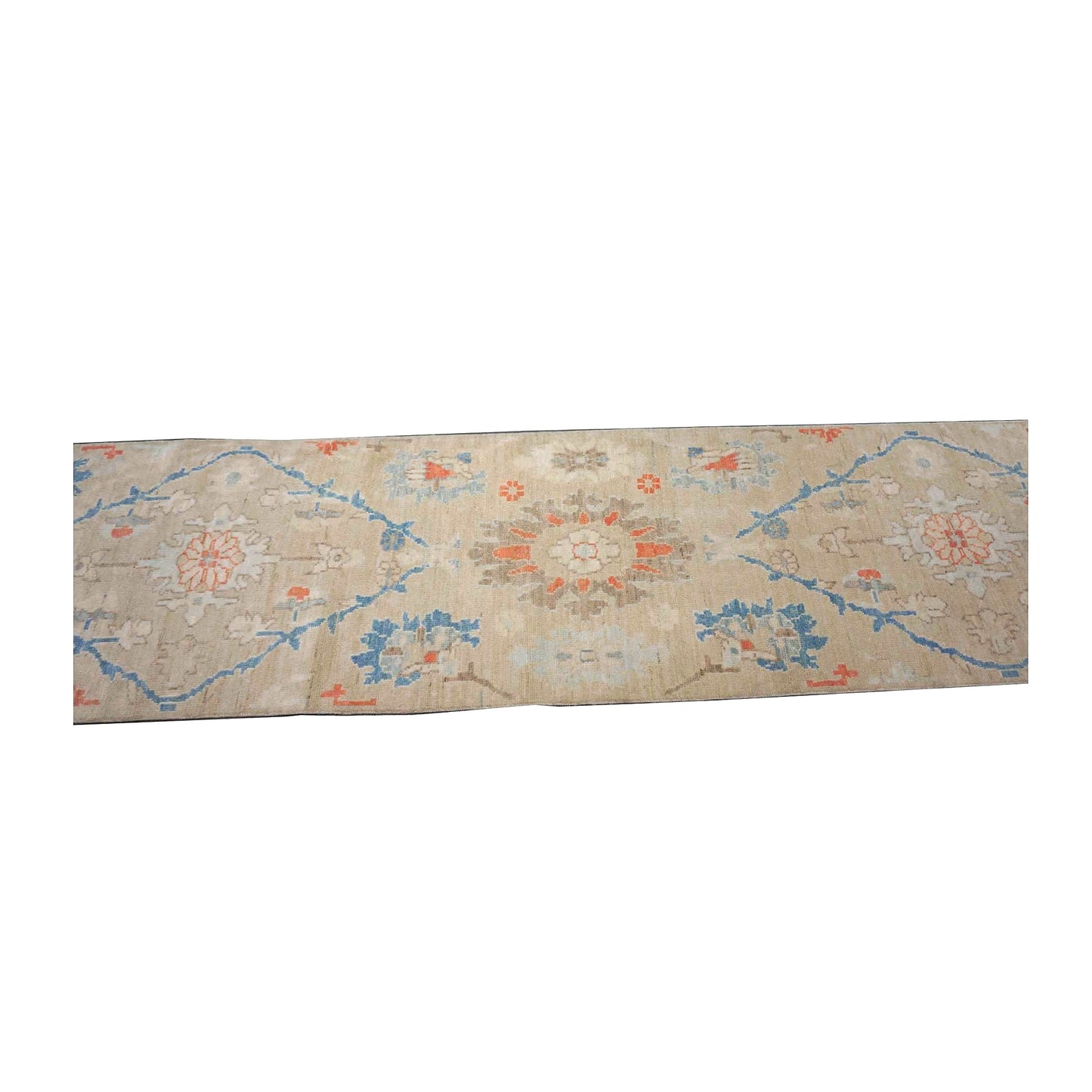 21st Century Turkish Oushak Wool 3X12 Beige & Slate Blue Handmade Runner Rug #1144198