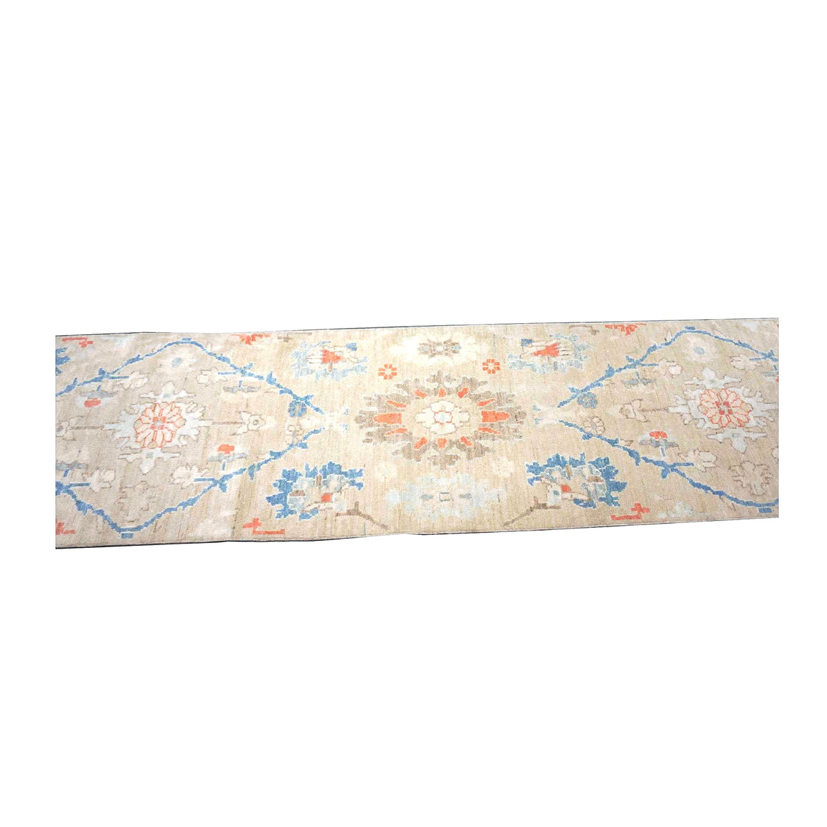 21st Century Turkish Oushak Wool 3X12 Beige & Blue Handmade Runner Rug #1144198