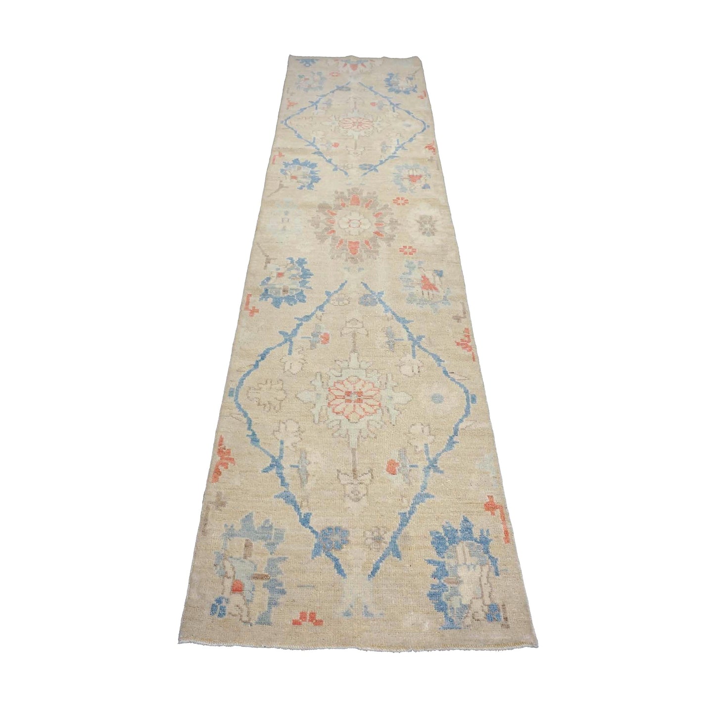 21st Century Turkish Oushak Wool 3X12 Beige & Slate Blue Handmade Runner Rug #1144198