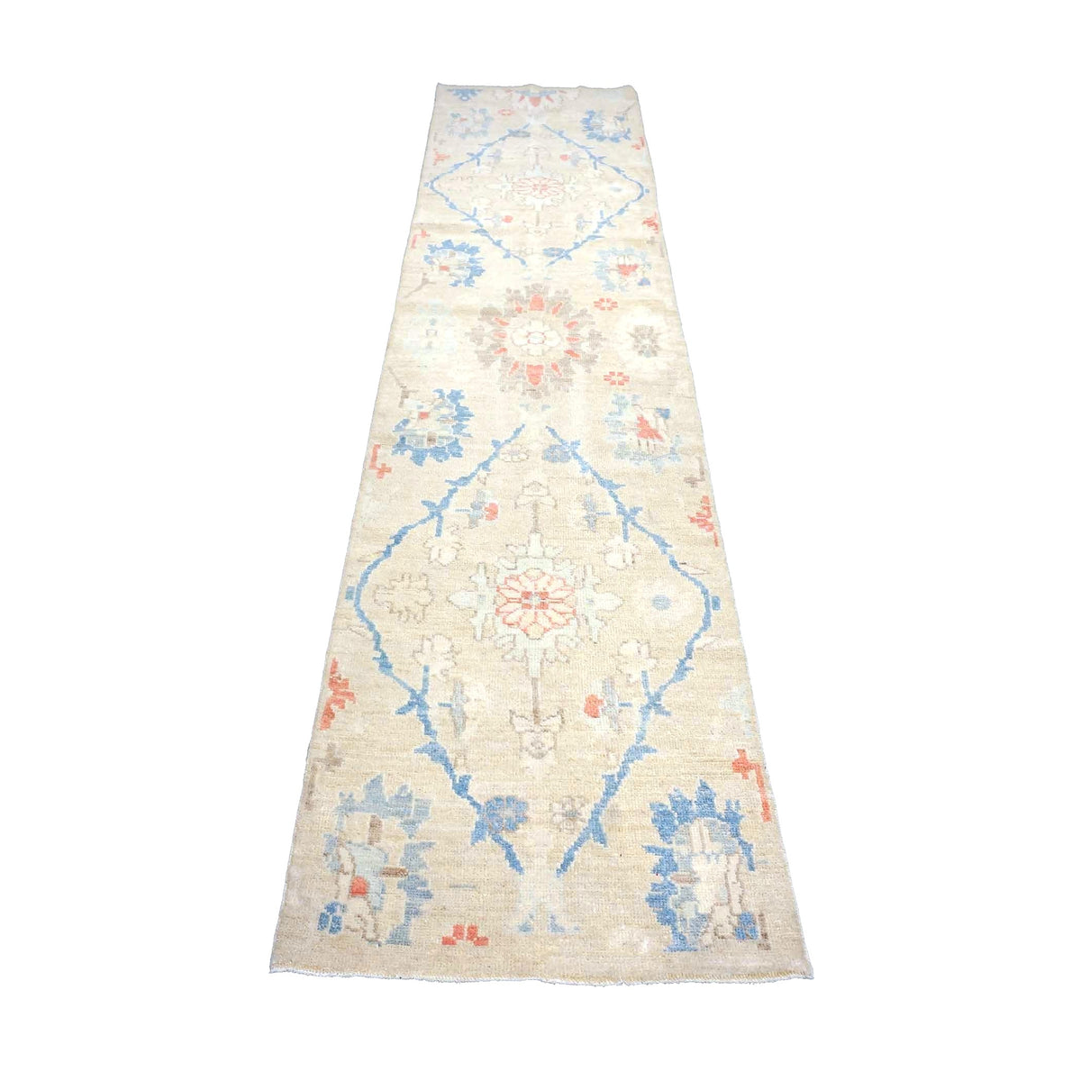 21st Century Turkish Oushak Wool 3X12 Beige & Blue Handmade Runner Rug #1144198