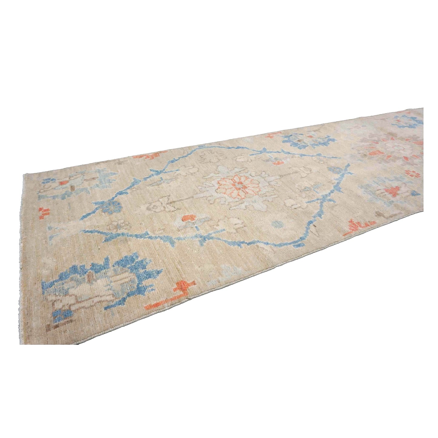 21st Century Turkish Oushak Wool 3X12 Beige & Slate Blue Handmade Runner Rug #1144198