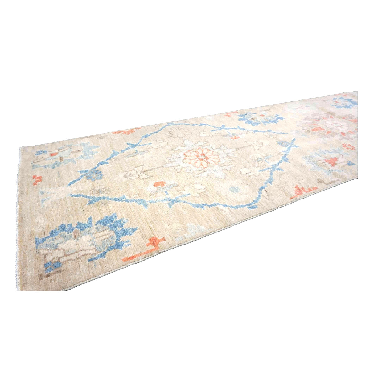 21st Century Turkish Oushak Wool 3X12 Beige & Blue Handmade Runner Rug #1144198