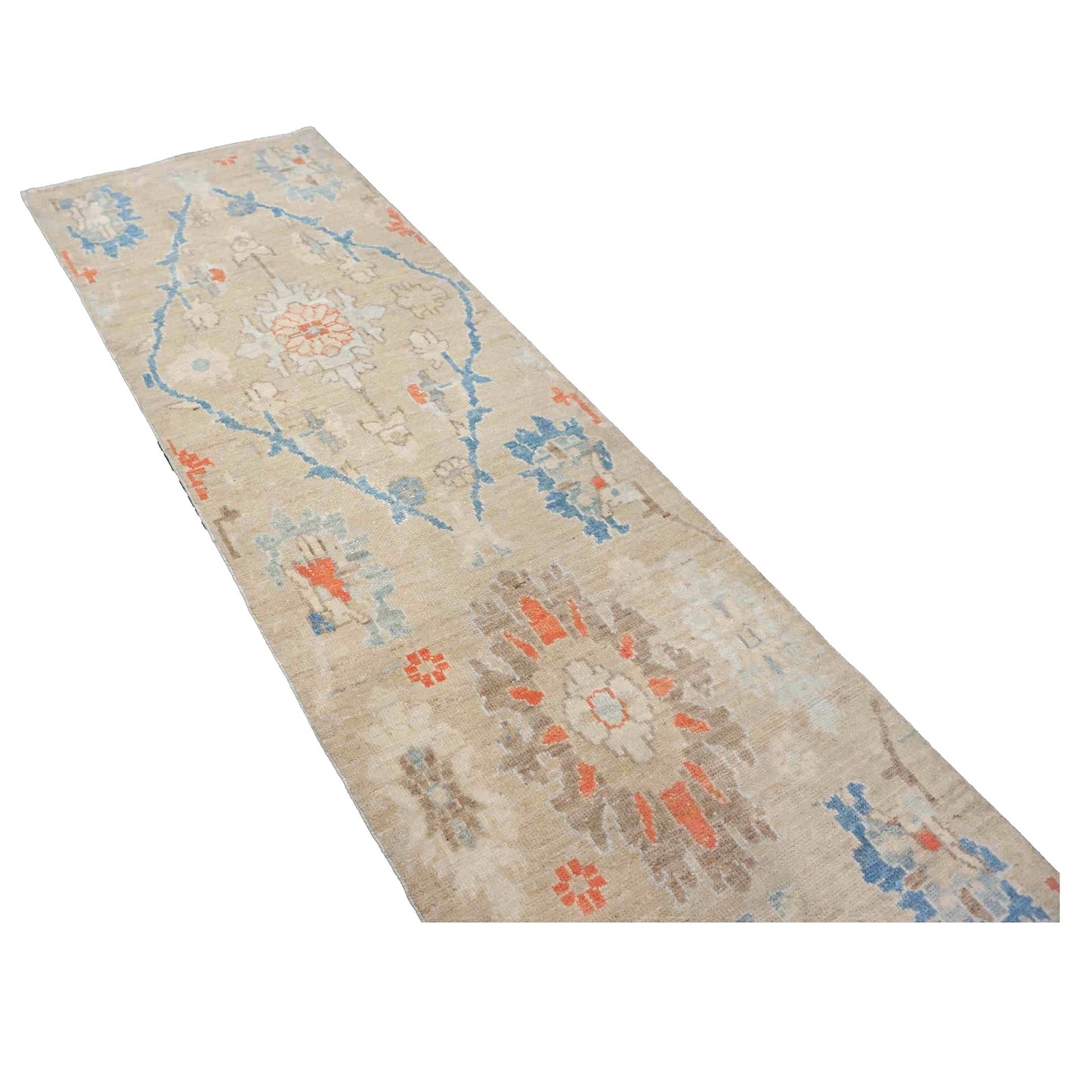 21st Century Turkish Oushak Wool 3X12 Beige & Slate Blue Handmade Runner Rug #1144198