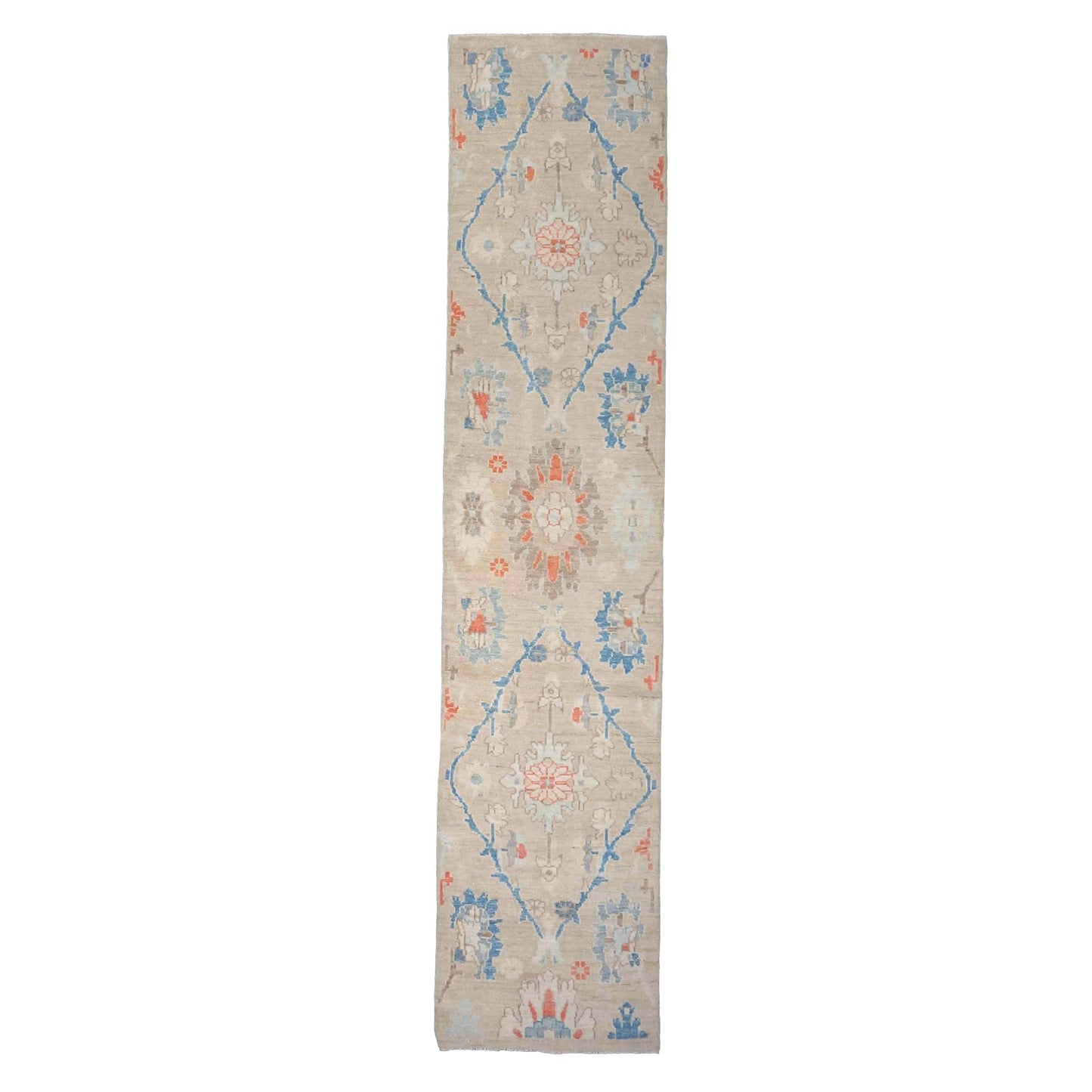 21st Century Turkish Oushak Wool 3X12 Beige & Slate Blue Handmade Runner Rug #1144198