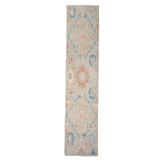 21st Century Turkish Oushak Wool 3X12 Beige & Slate Blue Handmade Runner Rug #1144198