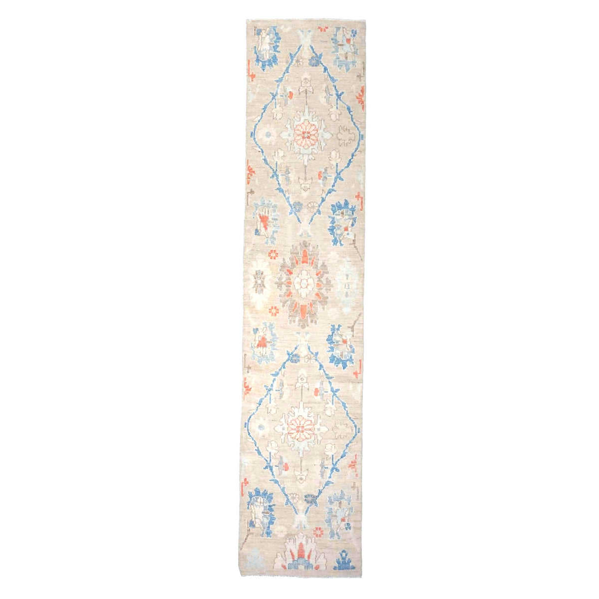 21st Century Turkish Oushak Wool 3X12 Beige & Blue Handmade Runner Rug #1144198
