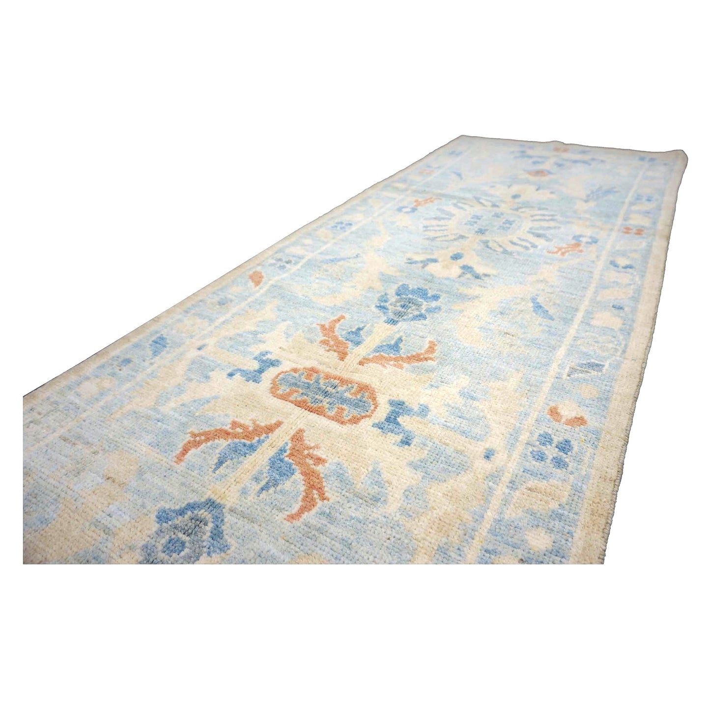 Turkish Sultanabad Wool 3x15 Tan & Light Blue Handmade Runner Rug #1144199