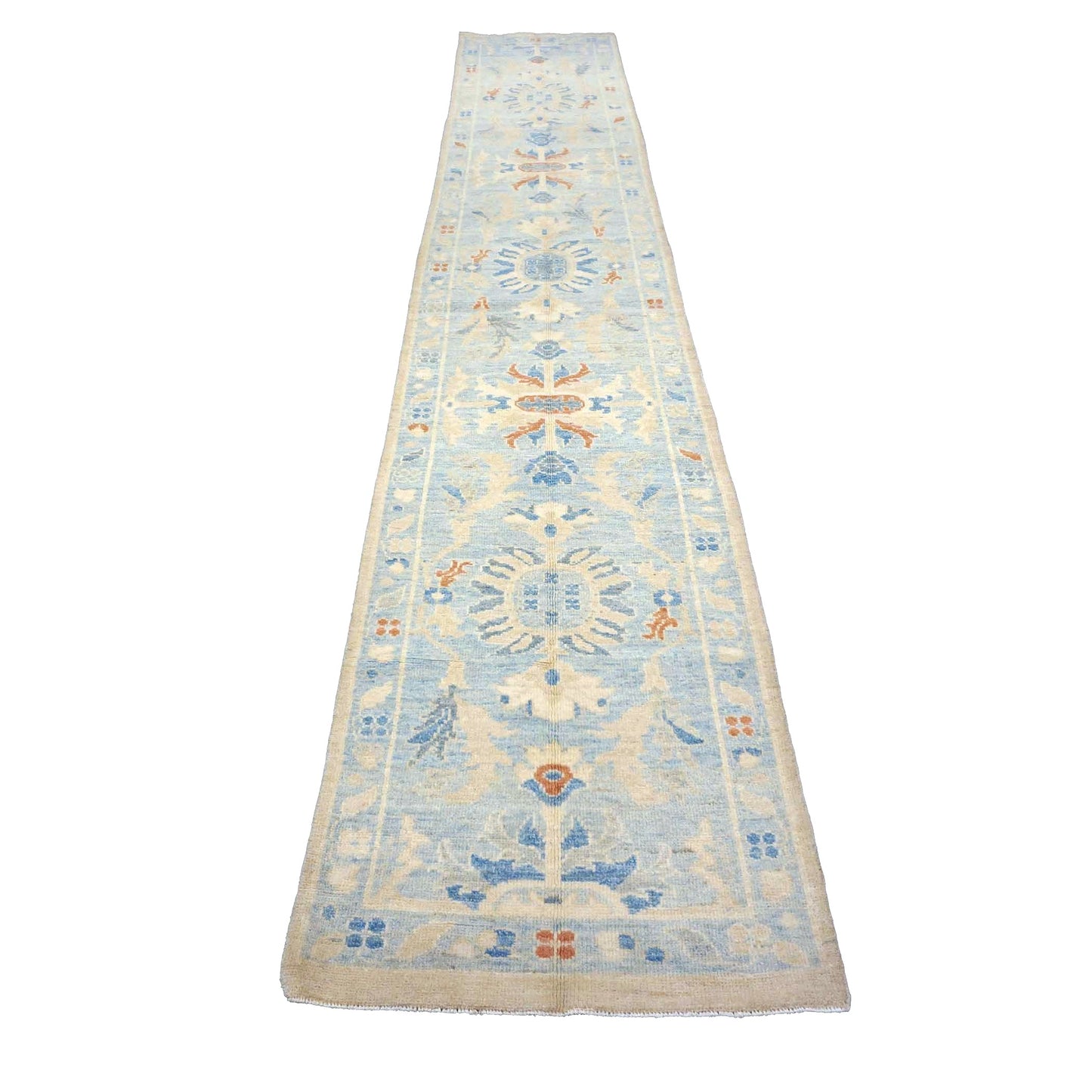 Turkish Sultanabad Wool 3x15 Tan & Light Blue Handmade Runner Rug #1144199