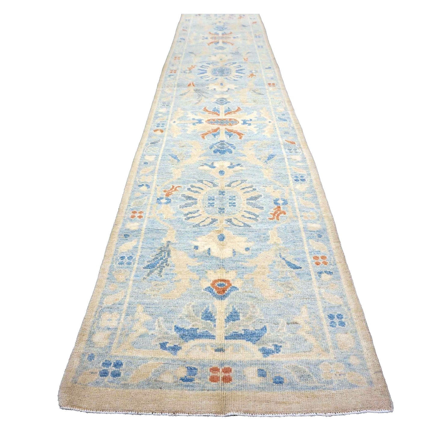Turkish Sultanabad Wool 3x15 Tan & Light Blue Handmade Runner Rug #1144199