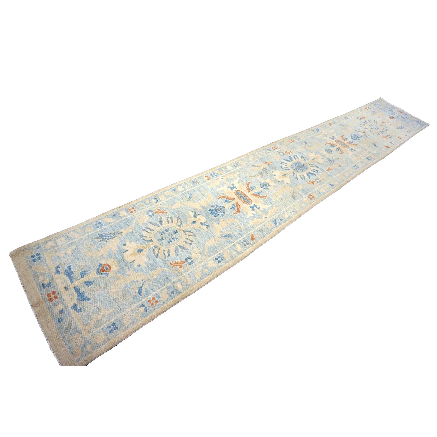 Turkish Sultanabad Wool 3x15 Tan & Light Blue Handmade Runner Rug #1144199