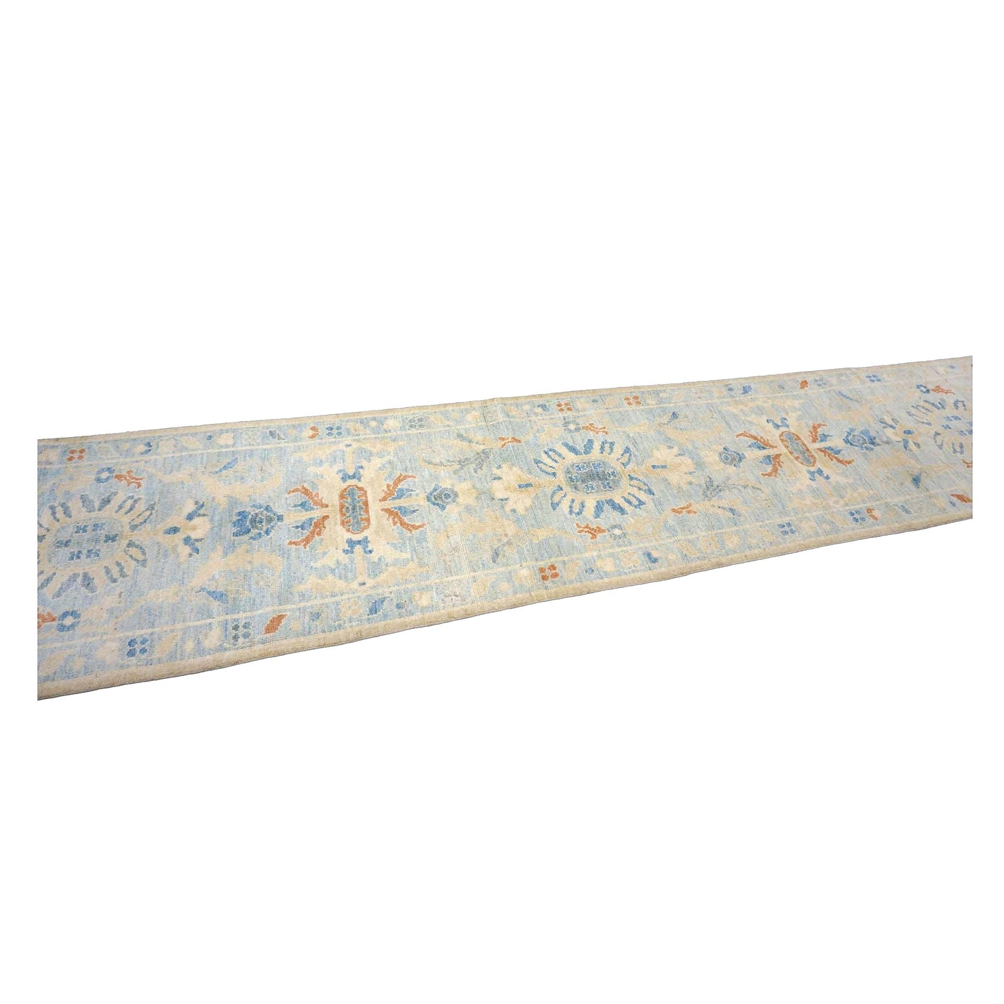 Turkish Sultanabad Wool 3x15 Tan & Light Blue Handmade Runner Rug #1144199