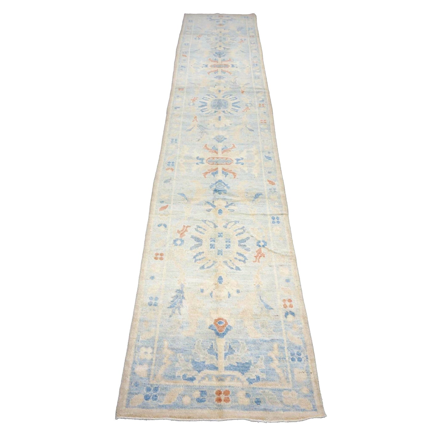 Turkish Sultanabad Wool 3x15 Tan & Light Blue Handmade Runner Rug #1144199