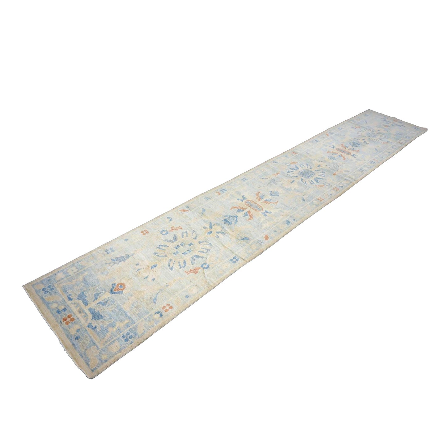 Turkish Sultanabad Wool 3x15 Tan & Light Blue Handmade Runner Rug #1144199