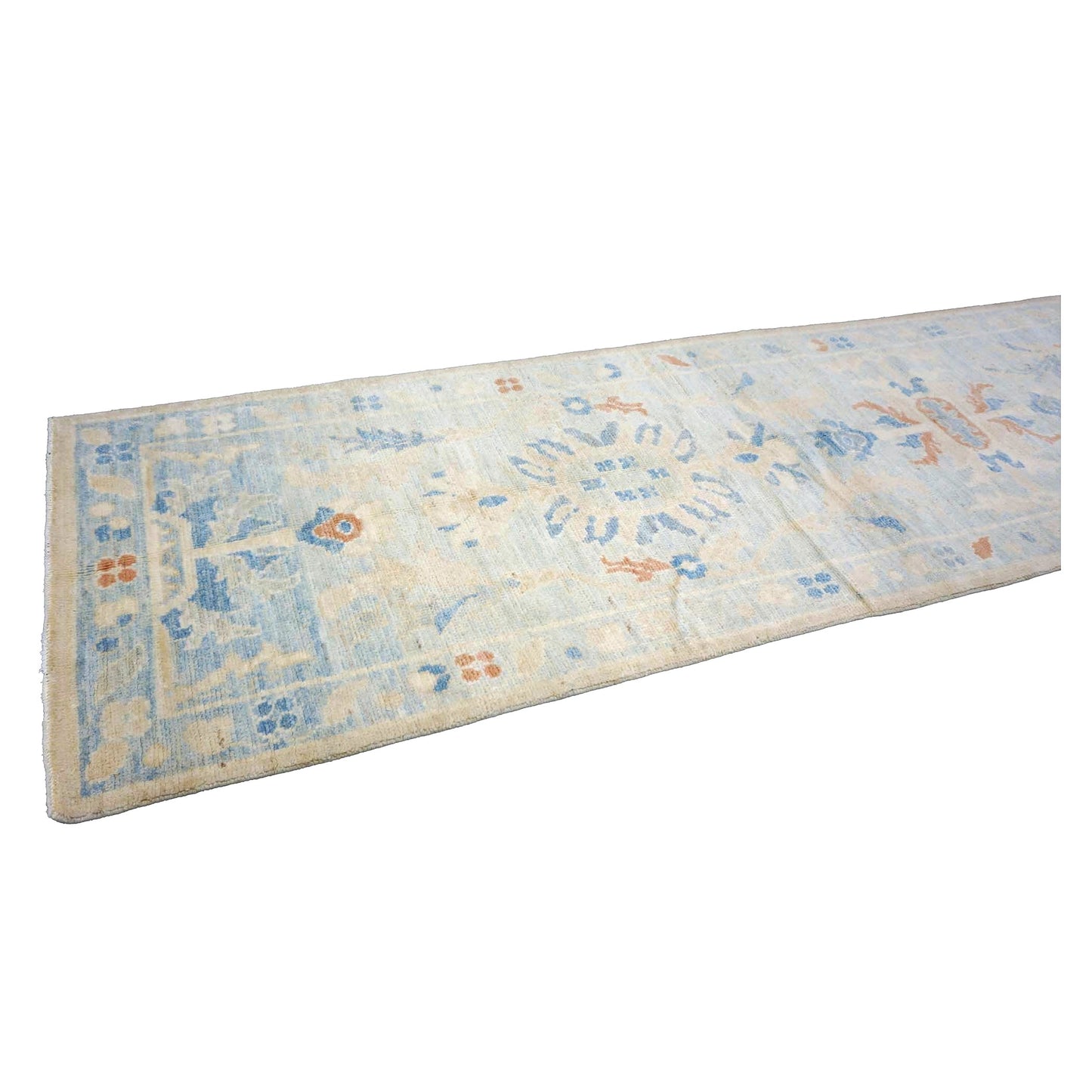 Turkish Sultanabad Wool 3x15 Tan & Light Blue Handmade Runner Rug #1144199