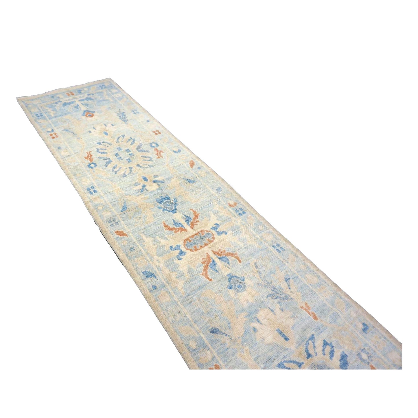 Turkish Sultanabad Wool 3x15 Tan & Light Blue Handmade Runner Rug #1144199