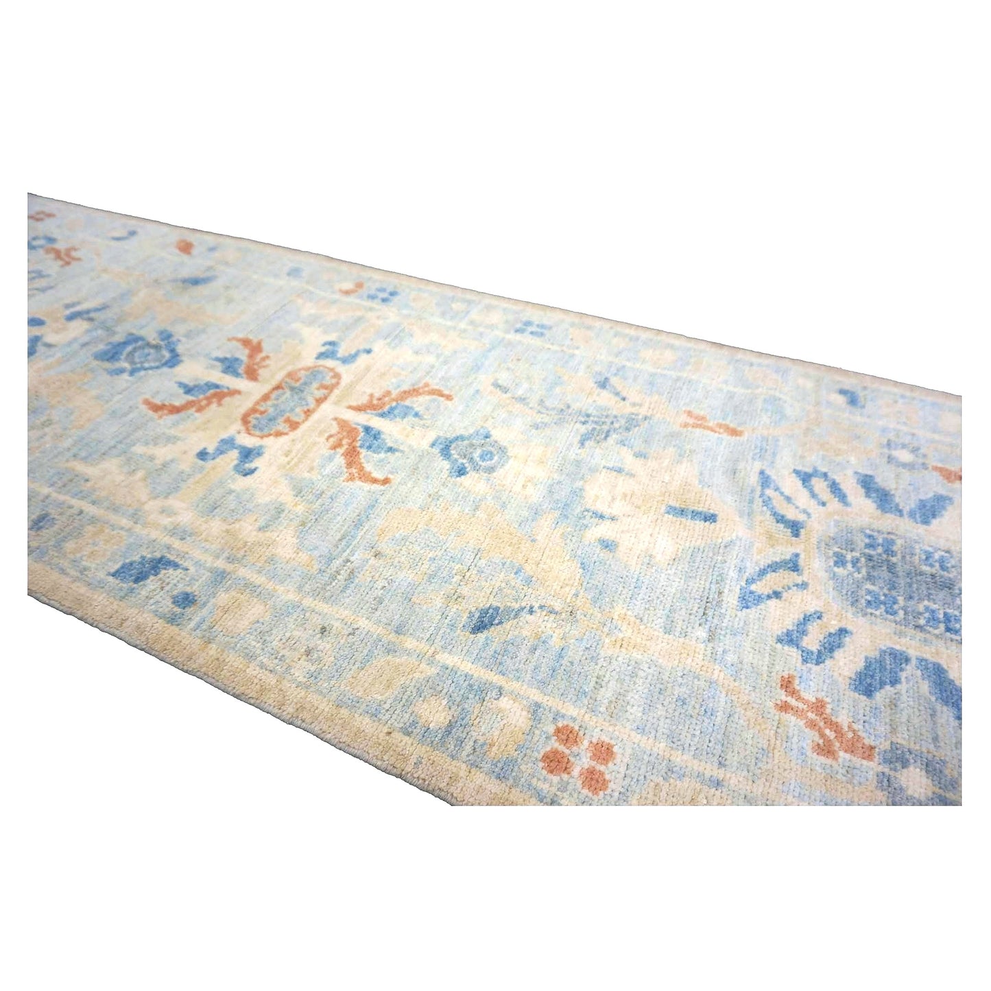 Turkish Sultanabad Wool 3x15 Tan & Light Blue Handmade Runner Rug #1144199