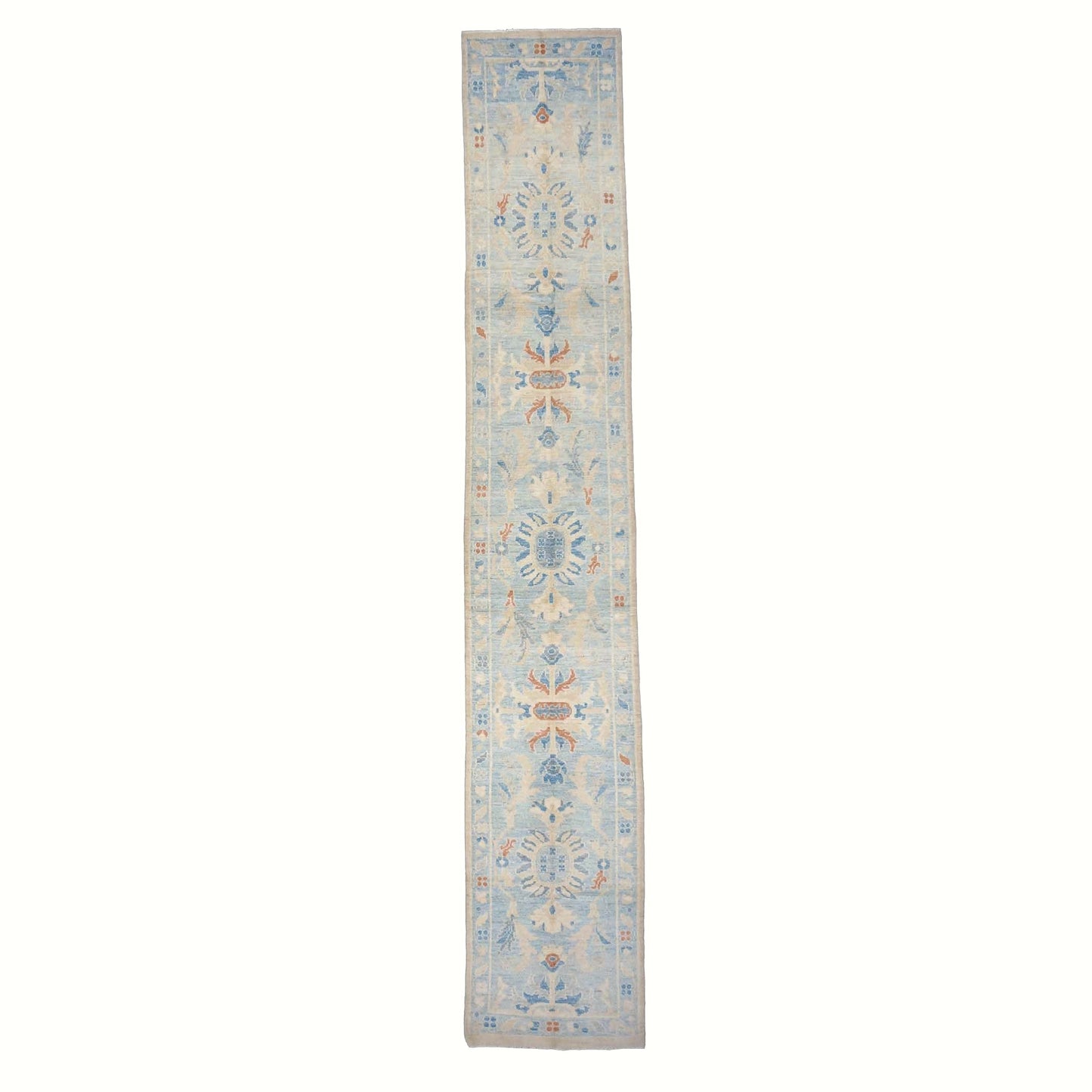 Turkish Sultanabad Wool 3x15 Tan & Light Blue Handmade Runner Rug #1144199