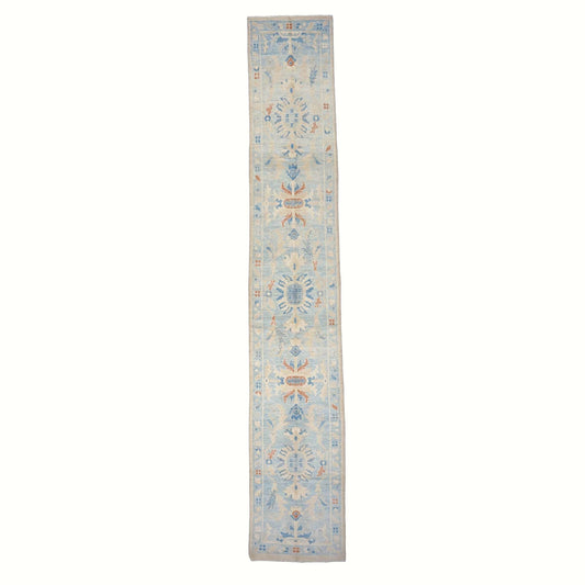 Turkish Sultanabad Wool 3x15 Tan & Light Blue Handmade Runner Rug #1144199