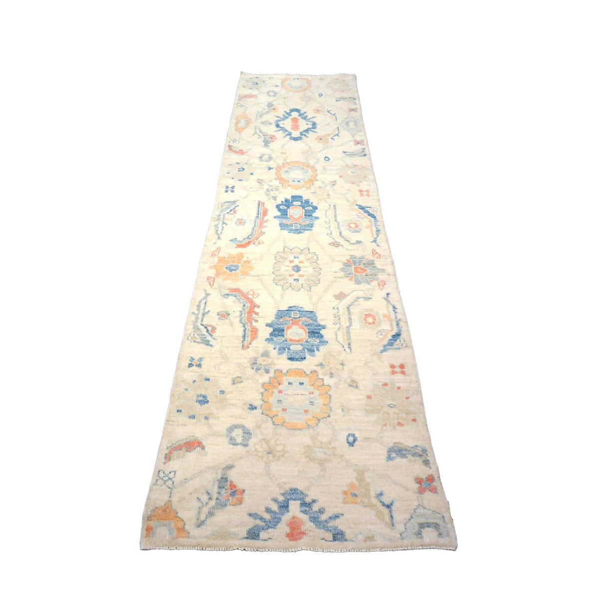 Turkish Oushak Wool 3x10 Ivory & Blue Handmade Runner Rug #1144200