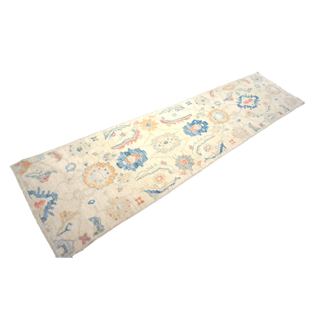 Turkish Oushak Wool 3x10 Ivory & Blue Handmade Runner Rug #1144200