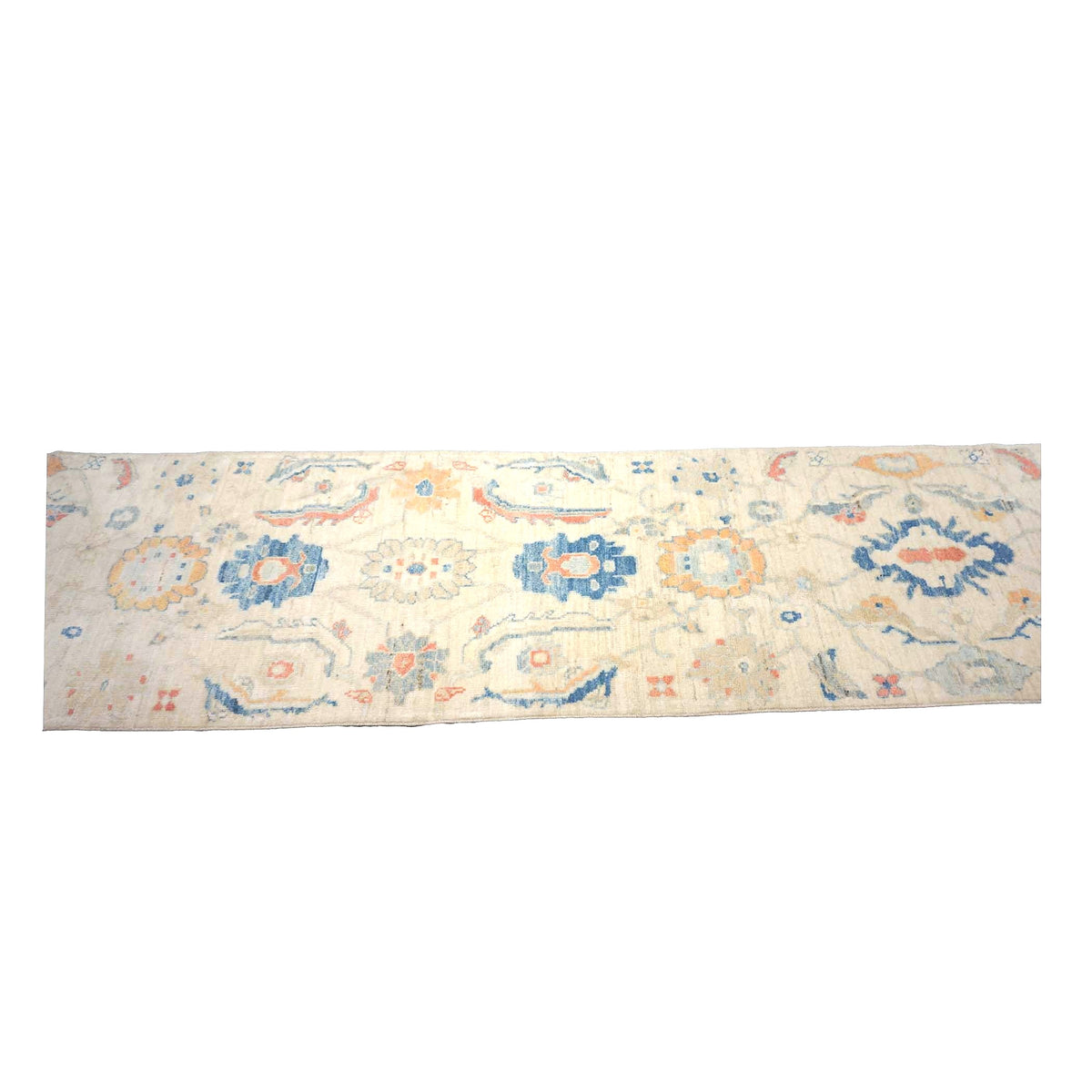 Turkish Oushak Wool 3x10 Ivory & Blue Handmade Runner Rug #1144200