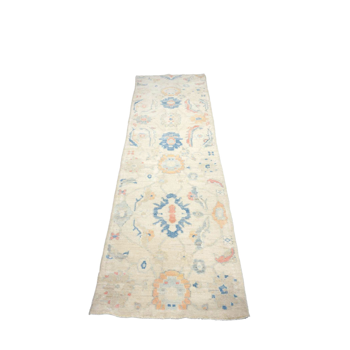 Turkish Oushak Wool 3x10 Ivory & Blue Handmade Runner Rug #1144200