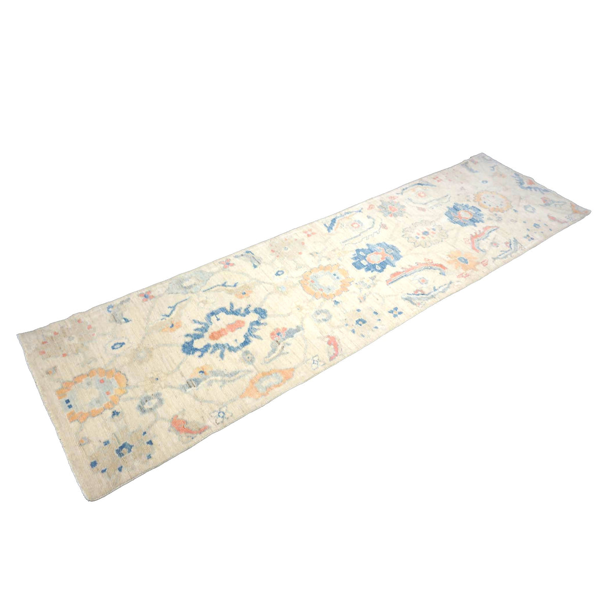 Turkish Oushak Wool 3x10 Ivory & Blue Handmade Runner Rug #1144200
