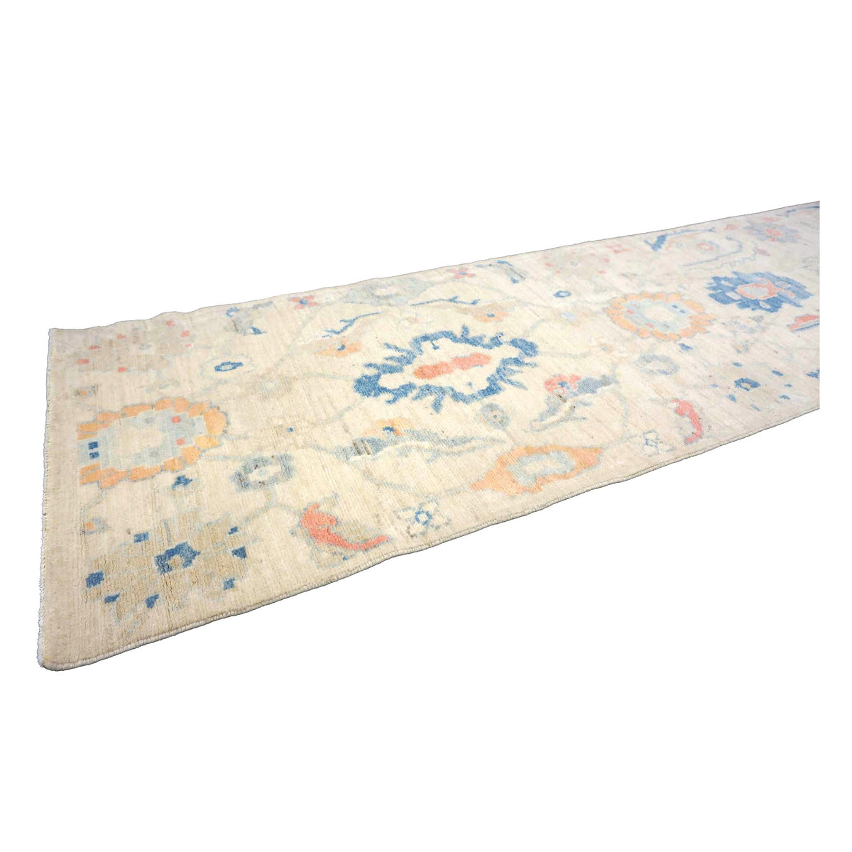 Turkish Oushak Wool 3x10 Ivory & Blue Handmade Runner Rug #1144200