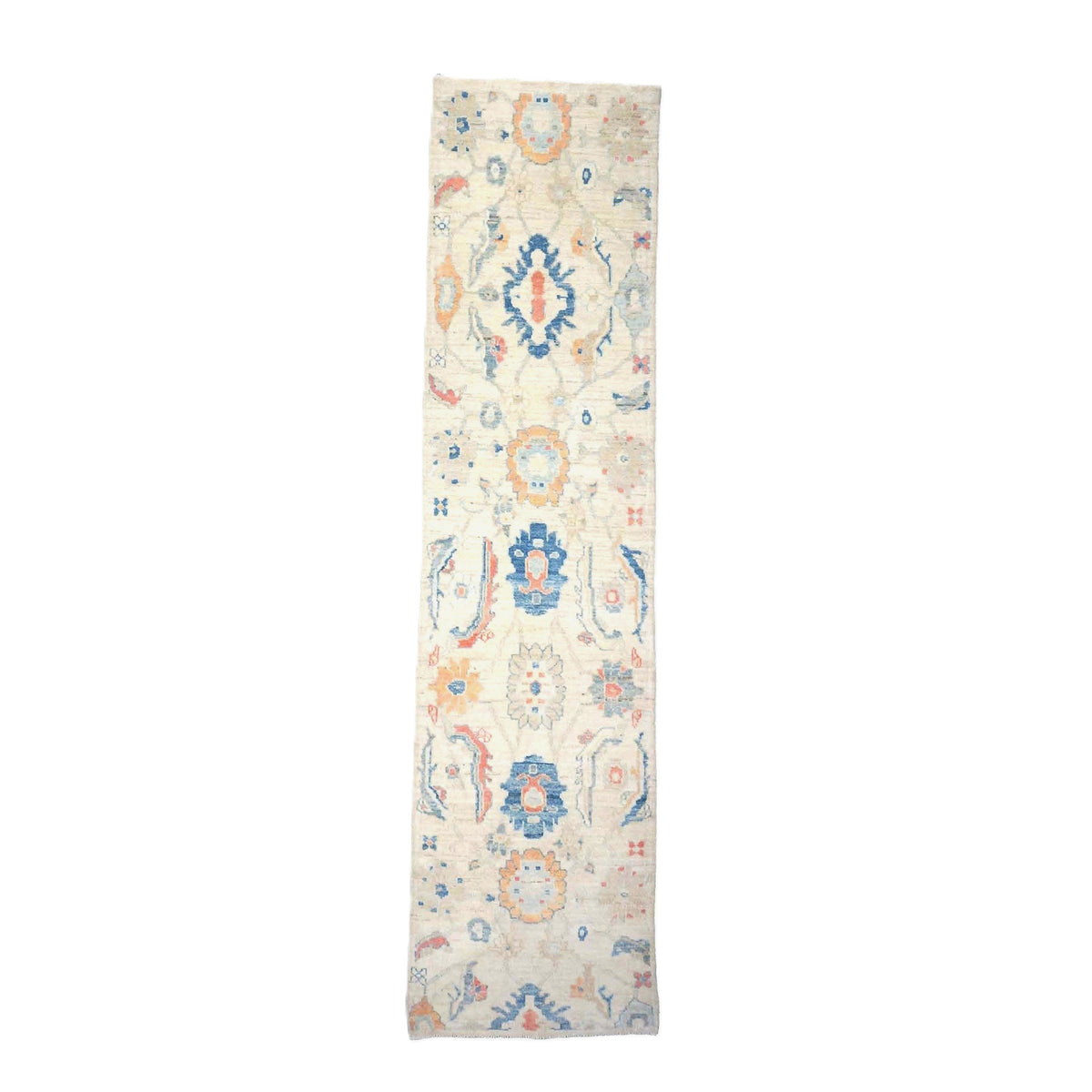 Turkish Oushak Wool 3x10 Ivory & Blue Handmade Runner Rug #1144200