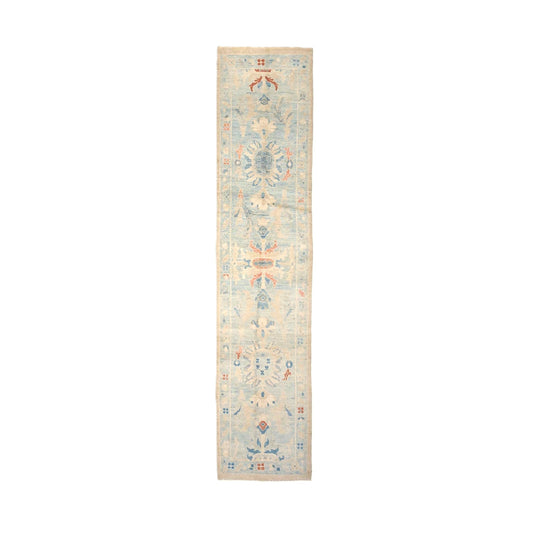 Turkish Sultanabad Wool 2x10 Tan, Light Blue & Ivory Handmade Runner Rug #1144201