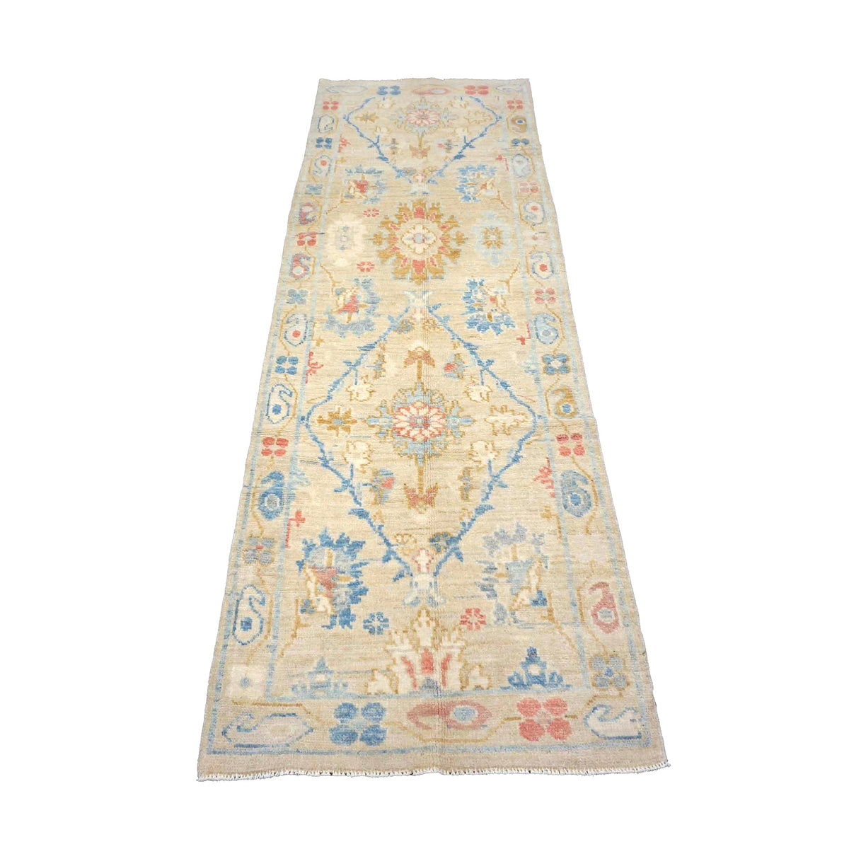 Turkish Sultanabad Wool 3x8 Tan, Taupe & Blue Handmade Runner Rug #1144202